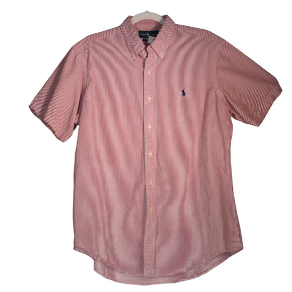 Ralph Lauren Shirt Mens Large Pink Seersucker Blue Pony Striped Cotton Top - Picture 1 of 15